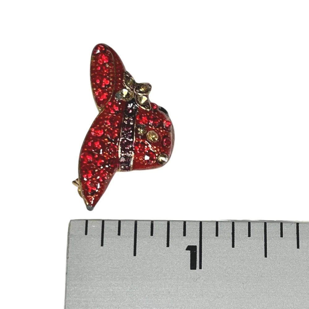 Red Hat Society Brooch Rhinestone Enamel Flower Pin Vintage Kitsch Glam Retro